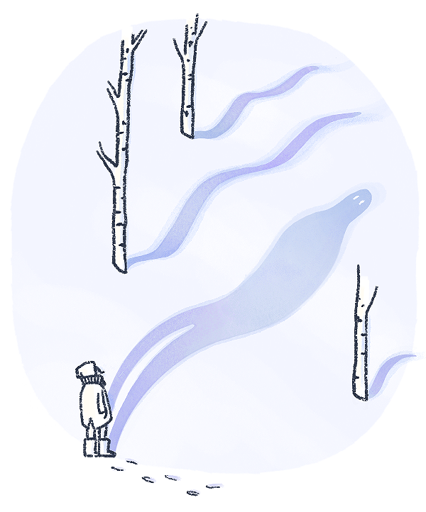 Illustration of a person standing in snow, their shadow falls long, long away from them. Birch trees stand nearby with long shadows like blue ribbons on snow.